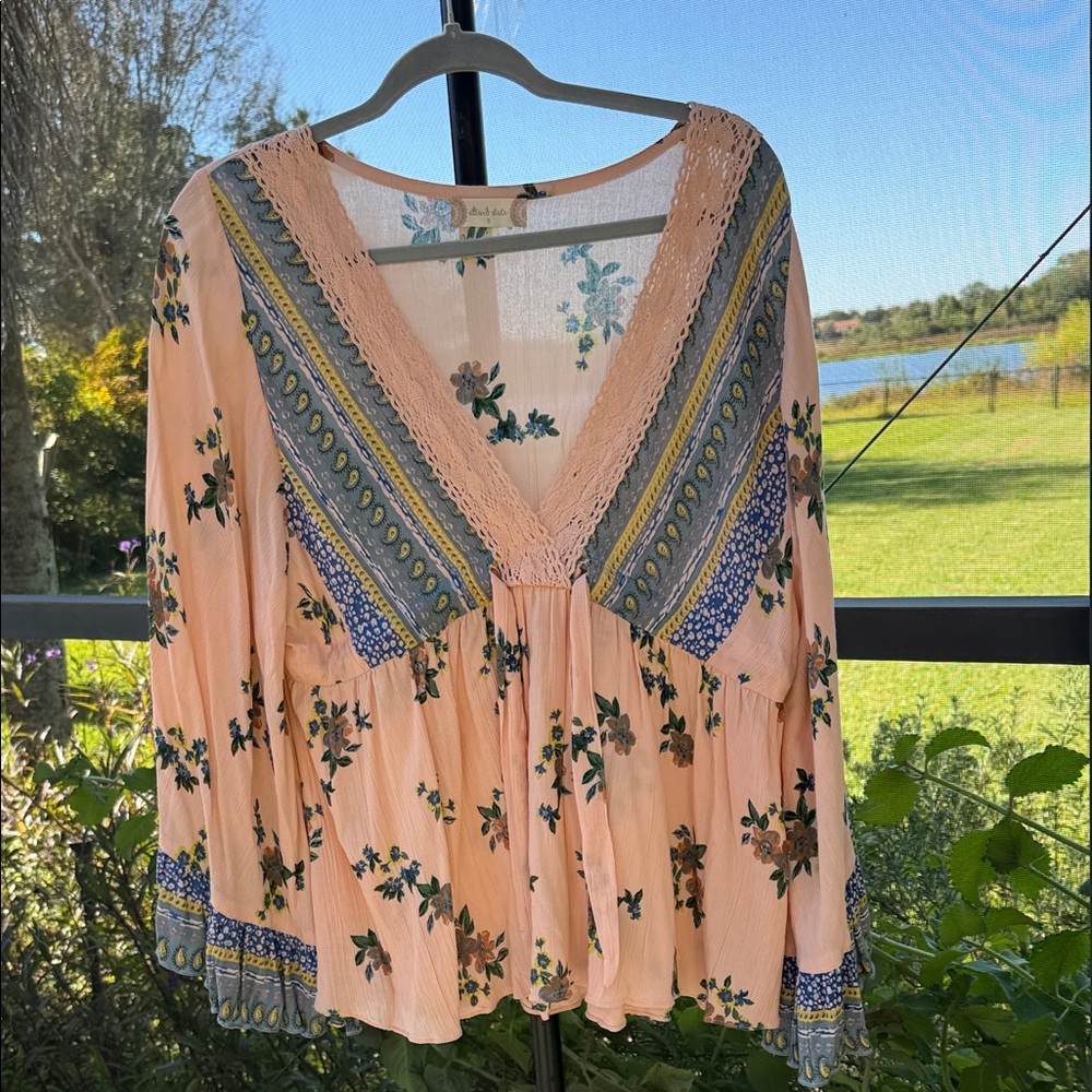 Altar'd State Boho Peach and Blue Floral Blouse